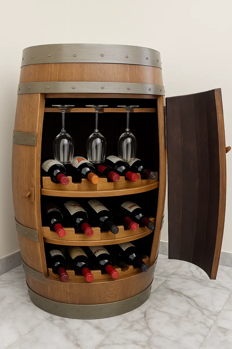 A barrel cut open with a curved door, shelves of bottles and a rail of wine glasses inside.