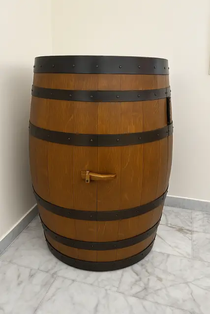 A whole oak wine barrel with iron hoops, standing upright and closed.