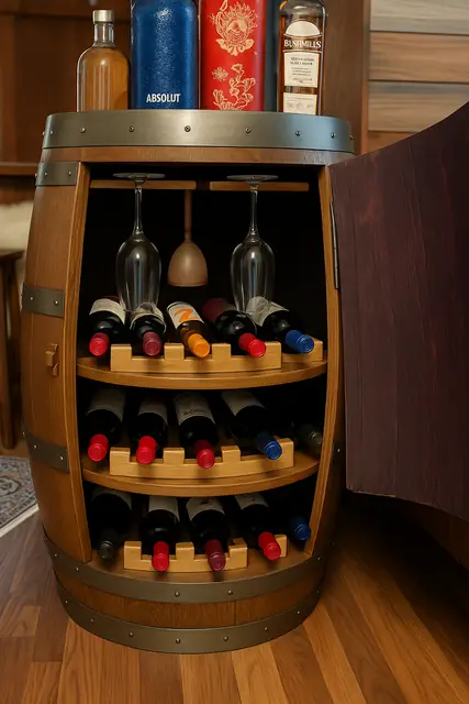 An open barrel wine cabinet holding rows of bottles beneath hanging stemware.