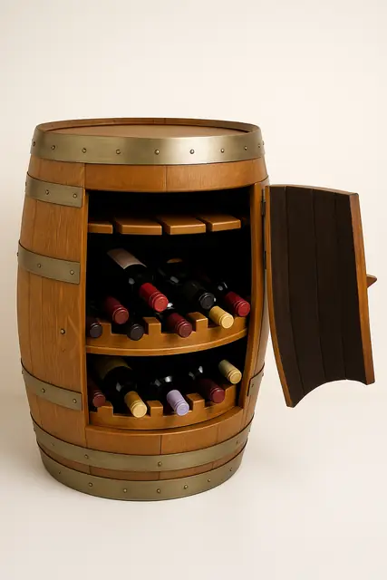 A barrel cabinet fitted with several shelves.